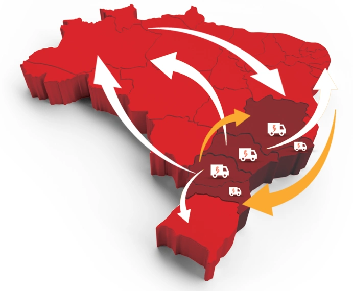Mapa do Brasil com rotas conectando as regiões atendidas