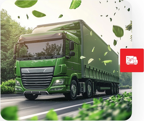 Caminhão verde em uma estrada cercada por natureza, representando o transporte sustentável